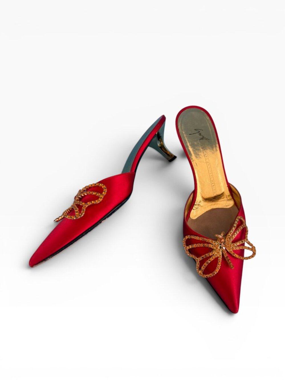 Giuseppe Zanotti Vintage Red Satin Crystal Butterfly Kitten Heel Mules 6